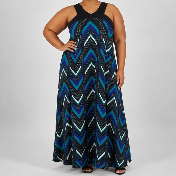 NY Collection Dresses & Skirts - NY COLLECTION Size 3X Multi Zig-Zag Striped Back Keyhole Halter Maxi Dress NWT